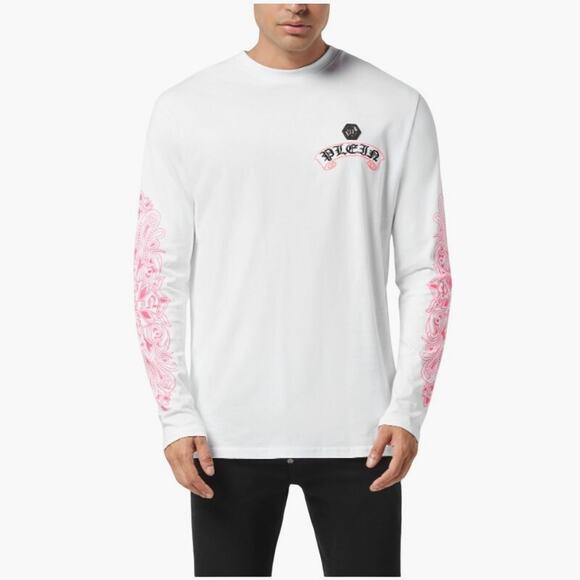 Philipp Plein Men's White Fuxiafluo Chrome CrestLong Sleeve T-Shirt Size M